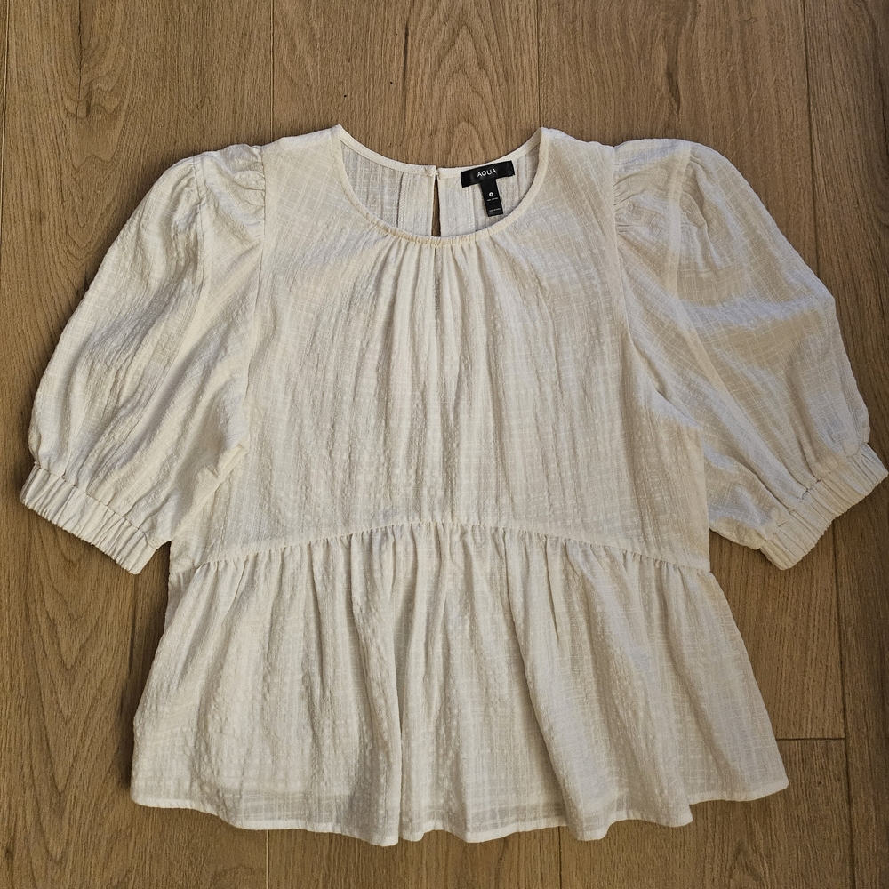 Aqua White Textured Puff Sleeve Blouse